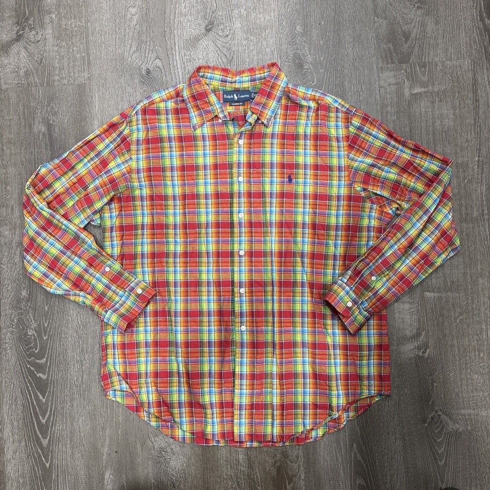 Vintage Polo Ralph Lauren Shirt Men's XXL Linen Blend Madras Plaid Button Up